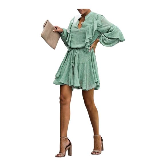 Sage Green Polka Dot Long Sleeve Ruffle Mini Dress Casual Flowy Swing Medium - Picture 10 of 10